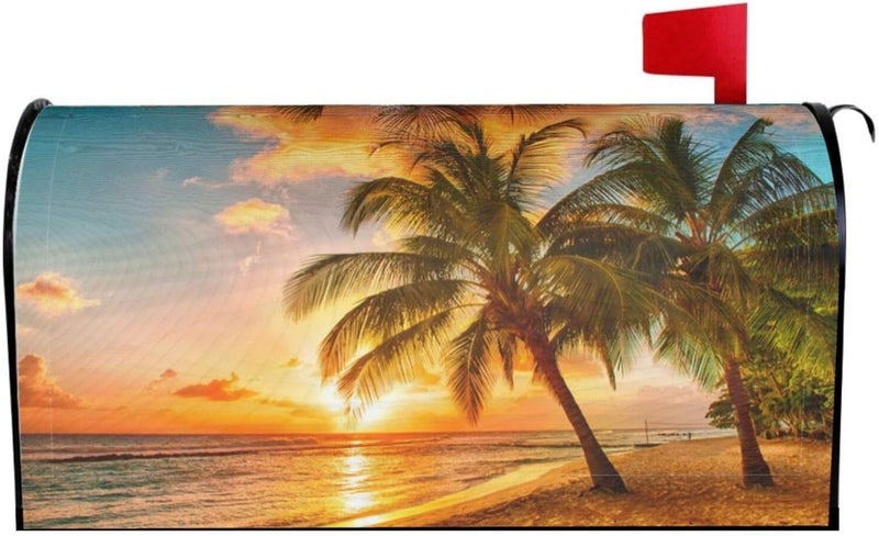 Abucaky Beach Palm Trees Mailbox Cover Magnetic Sunset Over The Sea Waterproof Mailbox Wraps Post Letter Box Decor 25.5x21 in - Image 1